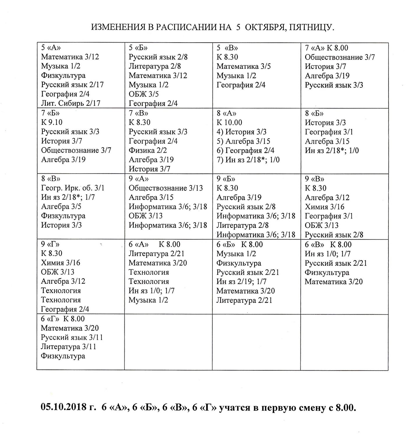 Изменения в расписании школа